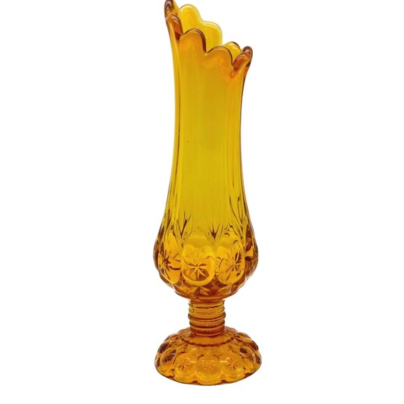 Vintage 12" Kanawha Cadmium Amber Glass Moon and Stars Footed Swung Vase UV Glow - Picture 5 of 13